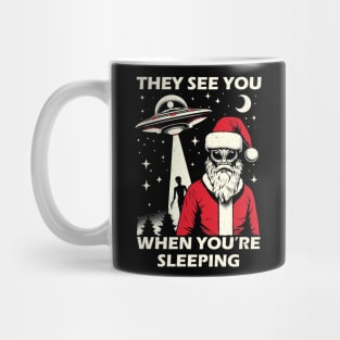 They See You When Your Sleeping UFO Alien Santa Abduction Mug